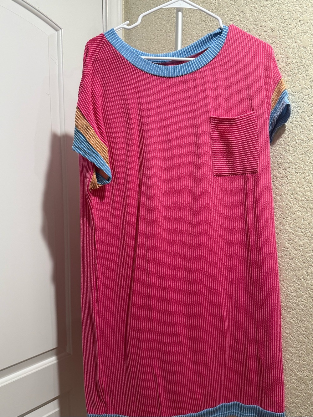 Pink Ribbed Pocket Tee with Blue Trim